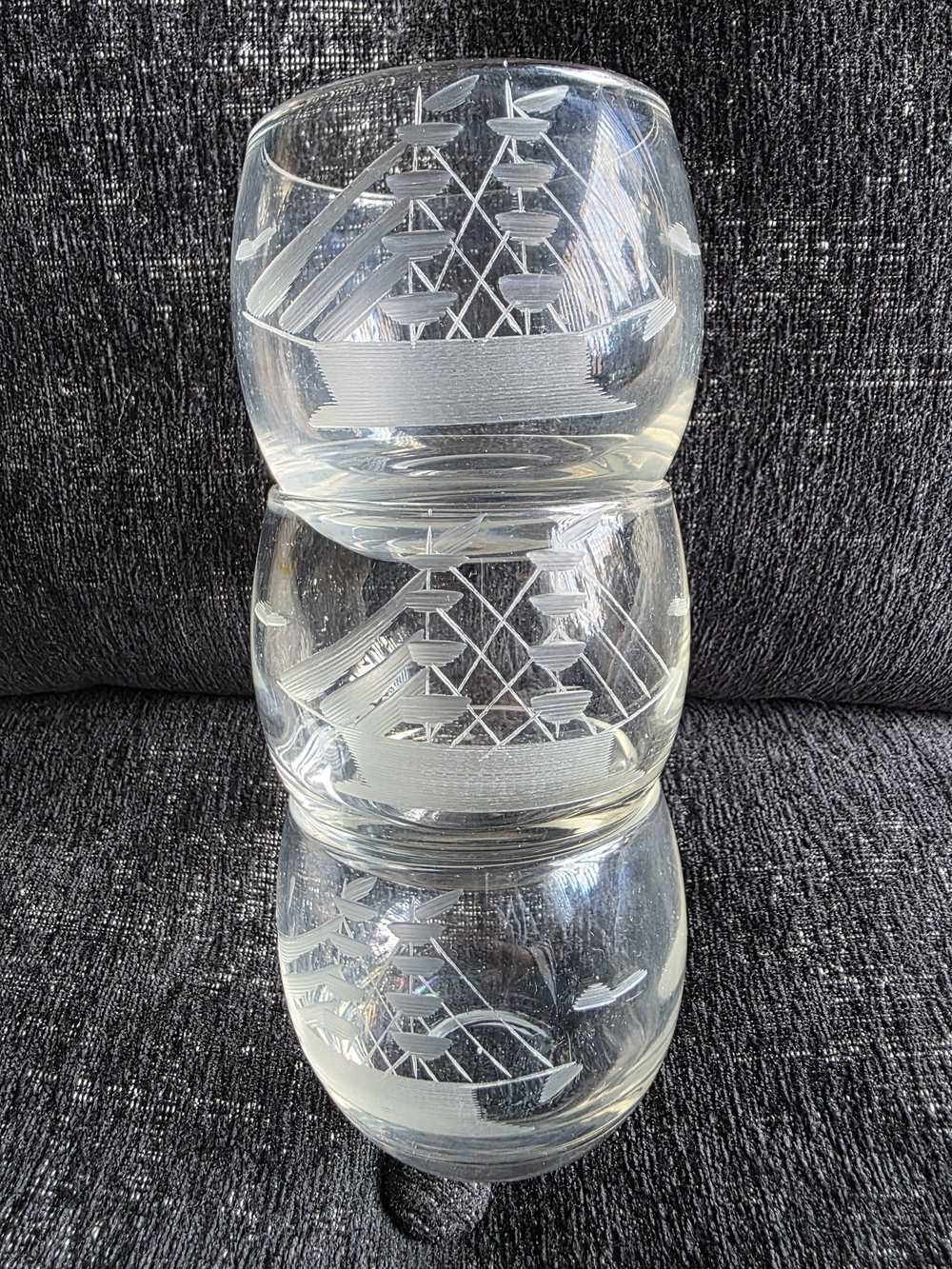 Vintage 1970 Etched Sailing Ship Clear Glass Tumblers - Set of 3